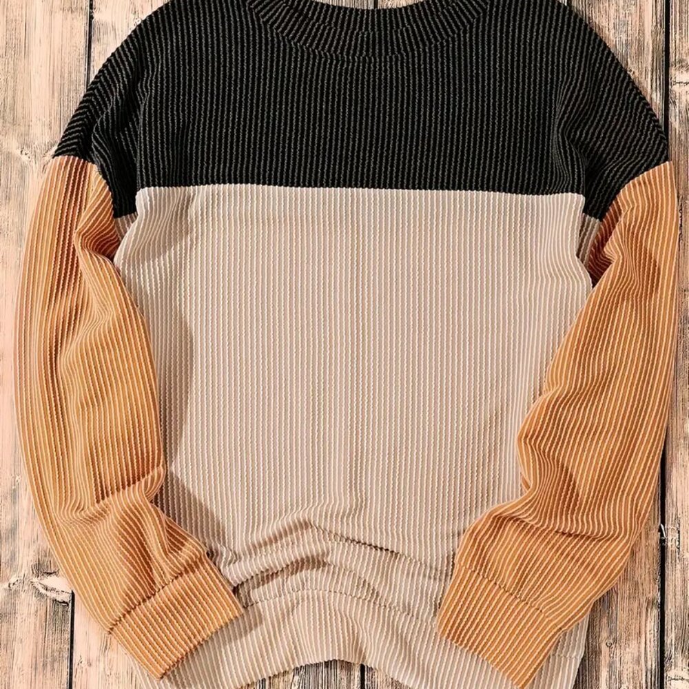 Color Block Crew-neck Long-sleeved Ribbed Color Contrast Loose Fit Tee Shirt - Picture 4 of 9